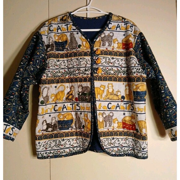 Womens S-M Cats Tapestry Quilted Longsle Jacket/Cat Button VIBRANT COLORS - Picture 2 of 16